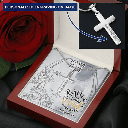 Dad To Son Gifts - Rejoice In The Lord Always Customize Engraved Cross Necklace