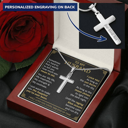 For Husband - Blue Oceans - Cross Customize Engraved Cross Necklace