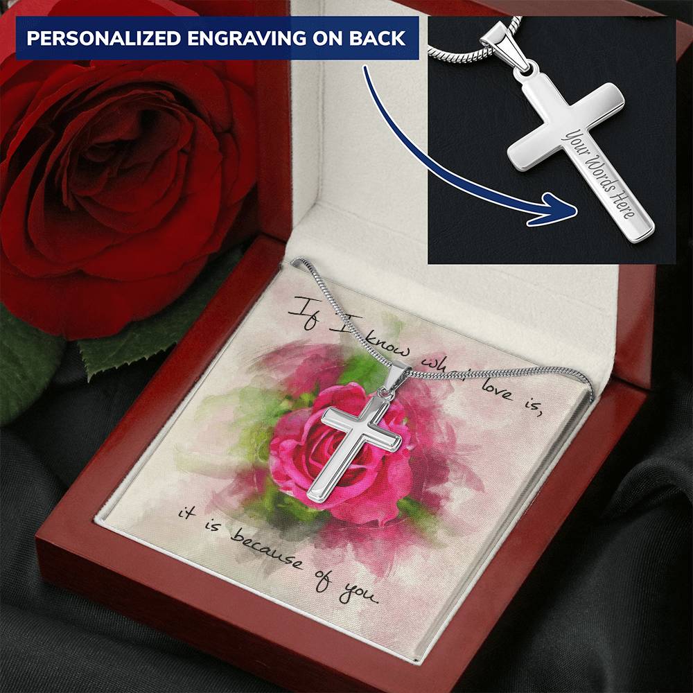 Cross Necklace - Engravable - Red Rose Message Card Customize Engraved Cross Necklace