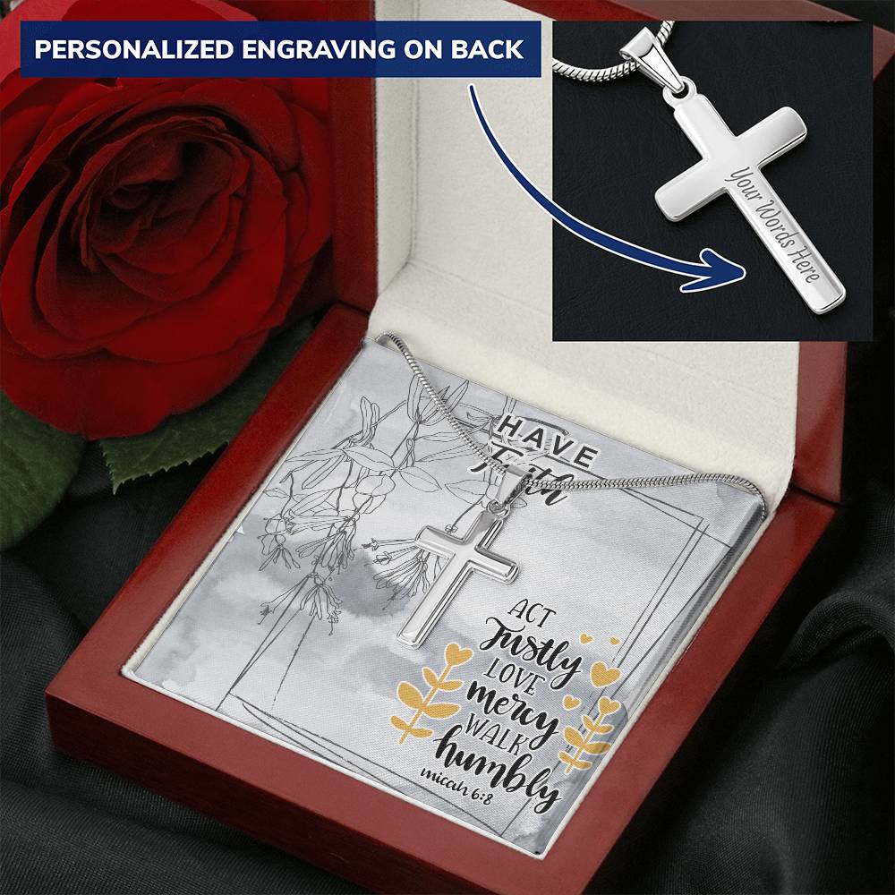 Dad To Son Gifts - Act Justly Love Mercy Walk Humbly Customize Engraved Cross Necklace