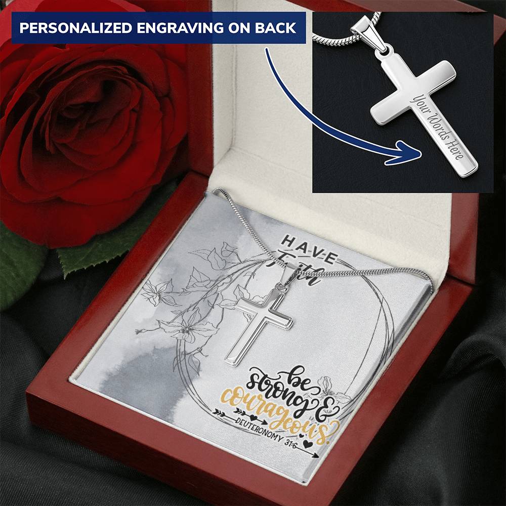 Dad To Son Gifts - Be Strong & Courageous Customize Engraved Cross Necklace