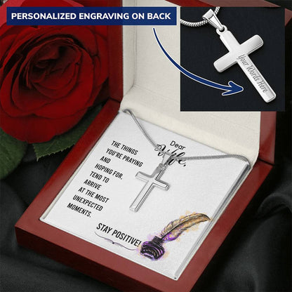 Dear Wife - The Things You're Praying And Hoping For - Customize Cross Necklace Customize Engraved Cross Necklace
