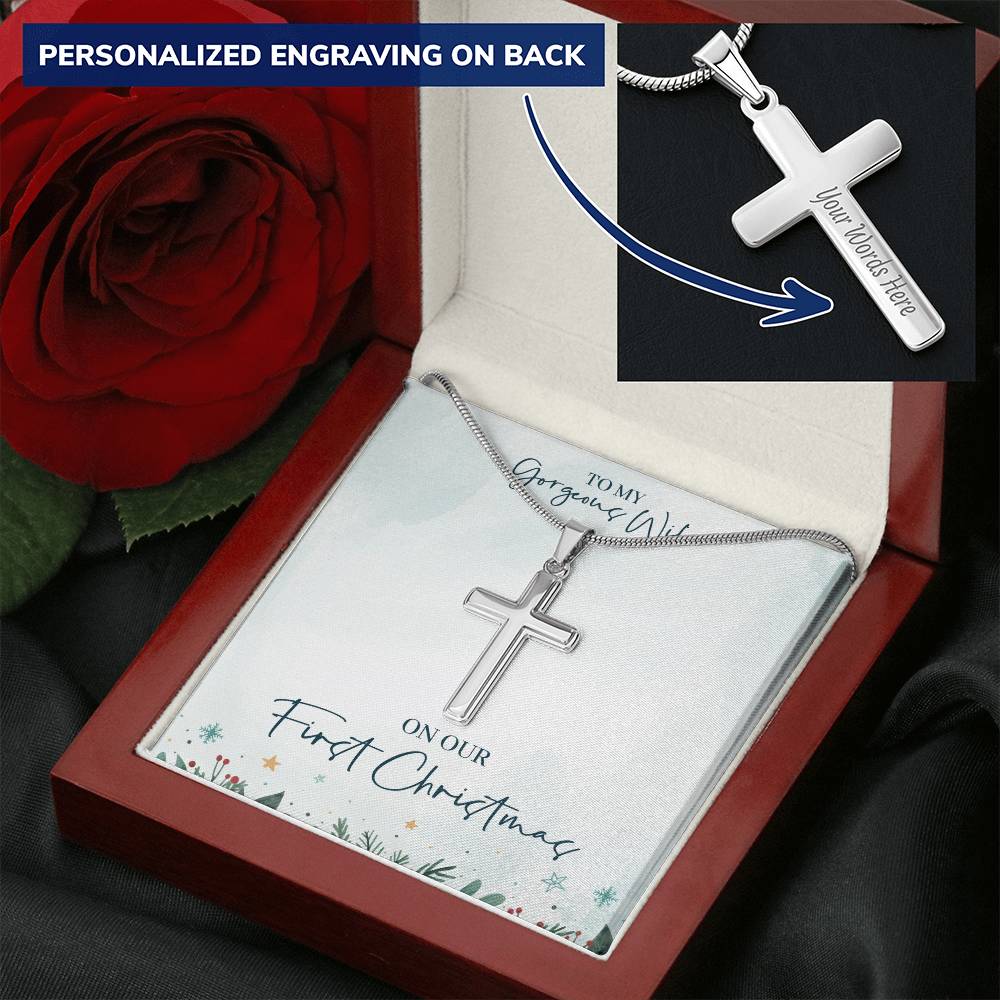 Christmas Gift - Customize Cross Necklace With Mahogany Style Luxury Box Customize Engraved Cross Necklace
