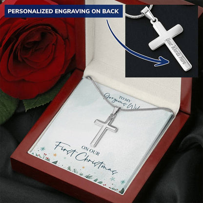Christmas Gift - Customize Cross Necklace With Mahogany Style Luxury Box Customize Engraved Cross Necklace