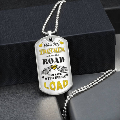 Bless My Trucker Necklace With Semi Truck And Angel Wing Charms, To My Husband, Trucker Gift - Gift For Him - Dog Tag Necklace - Army Tag Necklace, Dog Tag Necklace