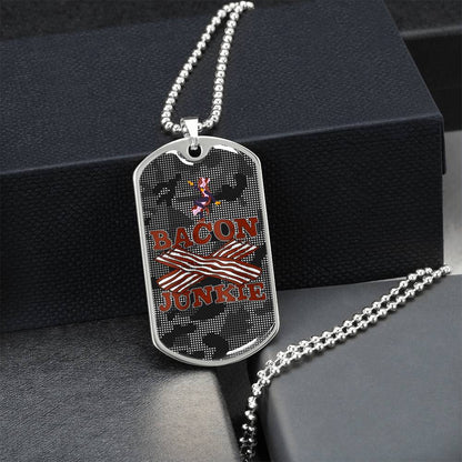 Funny Bacon Junkie Bacon Lover Carbon Fiber Camo Dog-Tag Necklace - Army Tag Necklace, Dog Tag Necklace