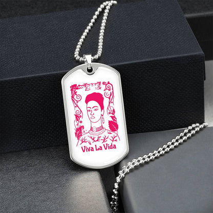 Frida Viva La Vida Pendant Necklace - Army Tag Necklace, Dog Tag Necklace