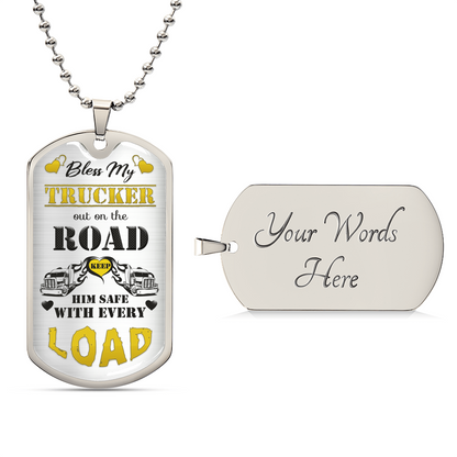 Bless My Trucker Necklace With Semi Truck And Angel Wing Charms, To My Husband, Trucker Gift - Gift For Him - Dog Tag Necklace - Army Tag Necklace, Dog Tag Necklace