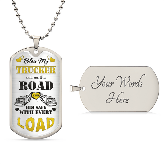 Bless My Trucker Necklace With Semi Truck And Angel Wing Charms, To My Husband, Trucker Gift - Gift For Him - Dog Tag Necklace - Army Tag Necklace, Dog Tag Necklace