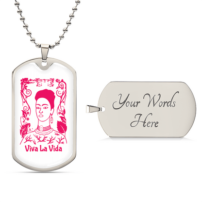 Frida Viva La Vida Pendant Necklace - Army Tag Necklace, Dog Tag Necklace