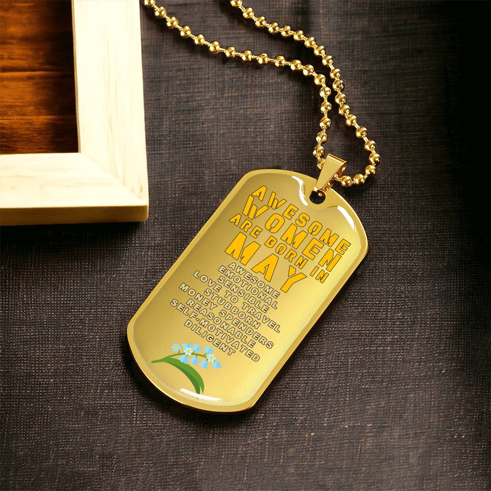 Awesome Women Are Born In May Luxury Necklace With Dog Tag Gold - Army Tag Necklace, Dog Tag Necklace
