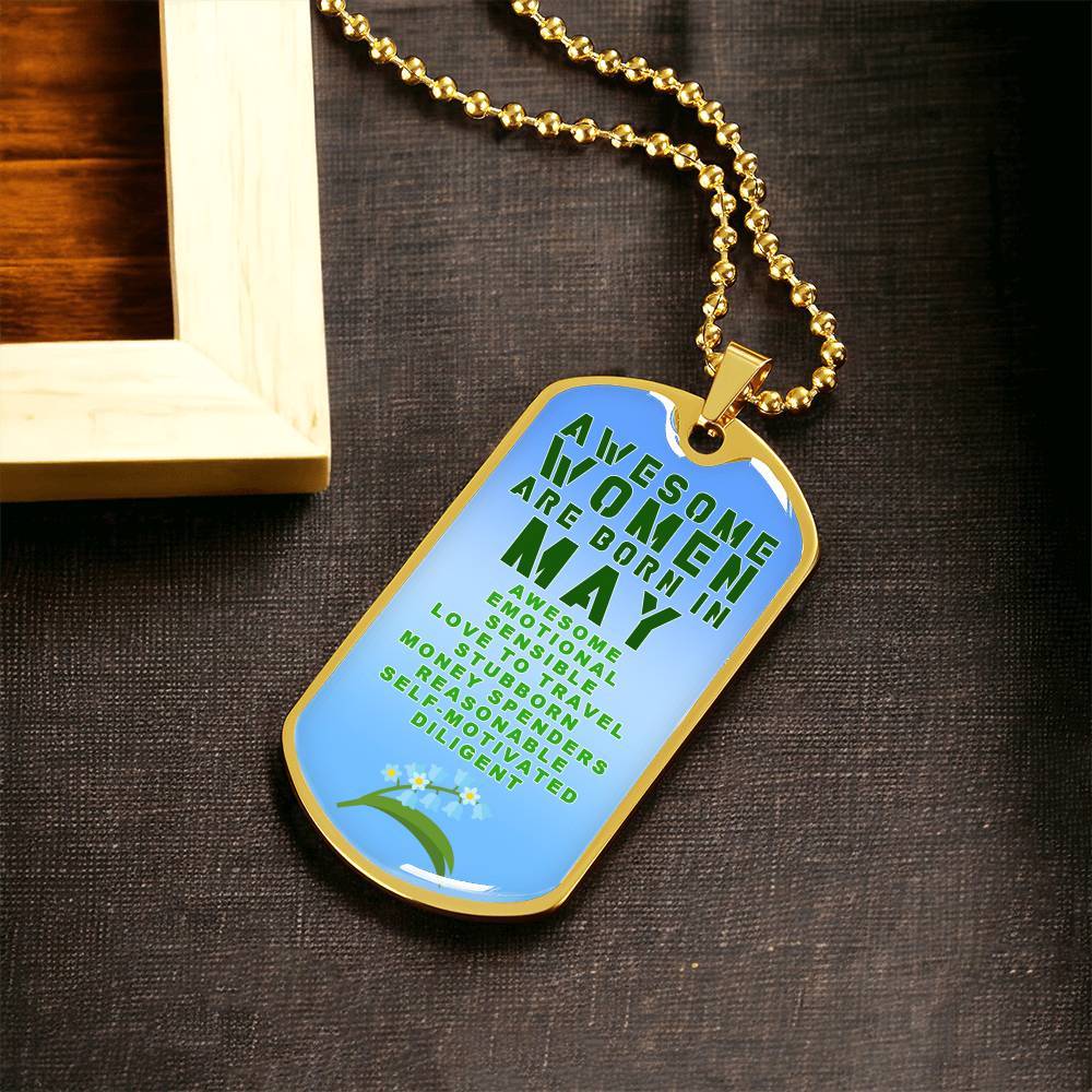 Awesome Women Are Born In May Luxury Necklace With Dog Tag Blue - Army Tag Necklace, Dog Tag Necklace