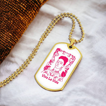 Frida Viva La Vida Pendant Necklace - Army Tag Necklace, Dog Tag Necklace