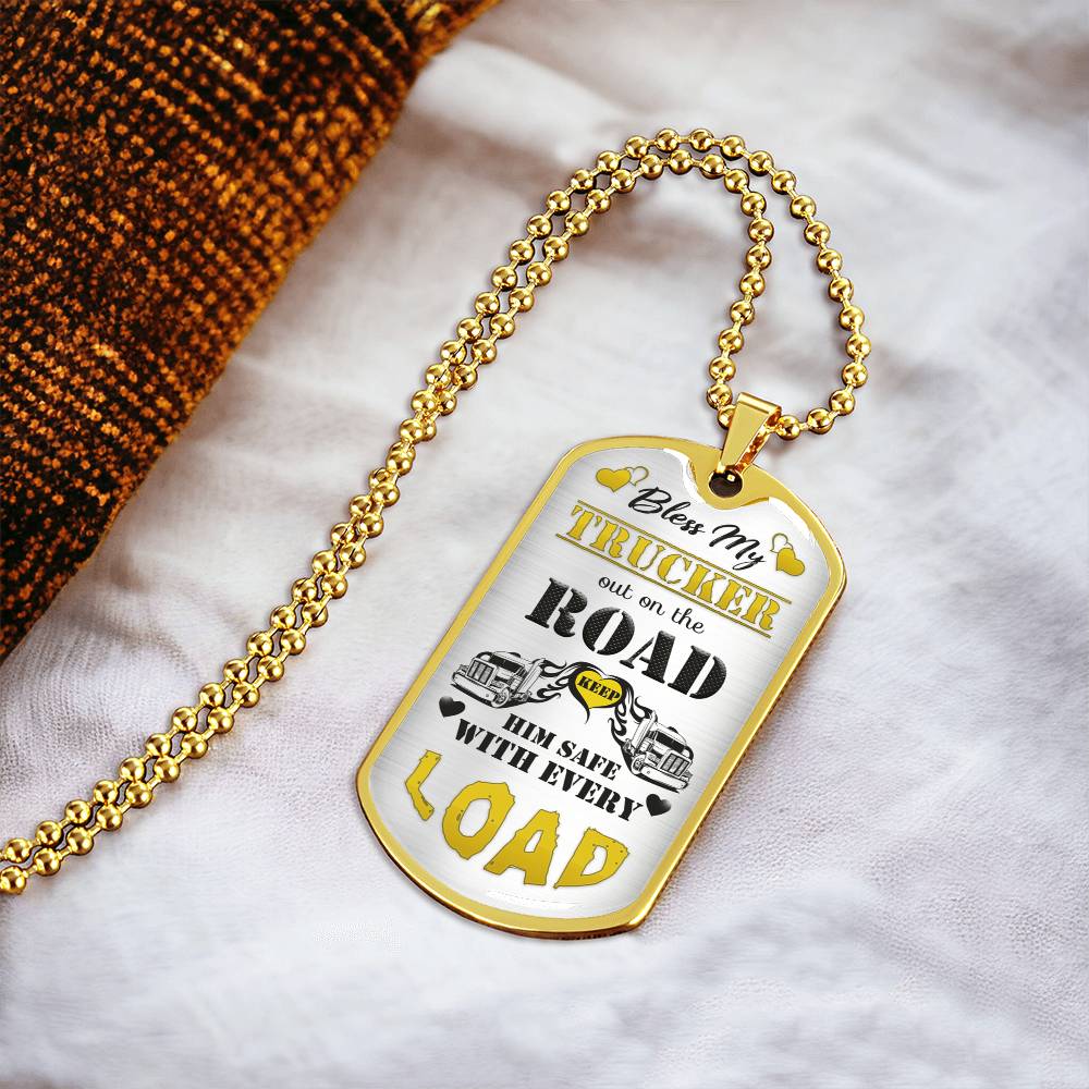 Bless My Trucker Necklace With Semi Truck And Angel Wing Charms, To My Husband, Trucker Gift - Gift For Him - Dog Tag Necklace - Army Tag Necklace, Dog Tag Necklace