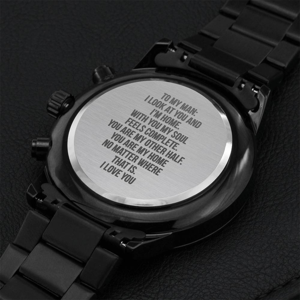 Gift For Husband Fathers Day Gift From Wife Soulmate Gift Black Chronograph Engraved Watch For Men Christmas Gift For Fiance Engraving Chronograph Watch