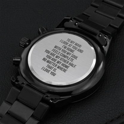 Gift For Husband Fathers Day Gift From Wife Soulmate Gift Black Chronograph Engraved Watch For Men Christmas Gift For Fiance Engraving Chronograph Watch