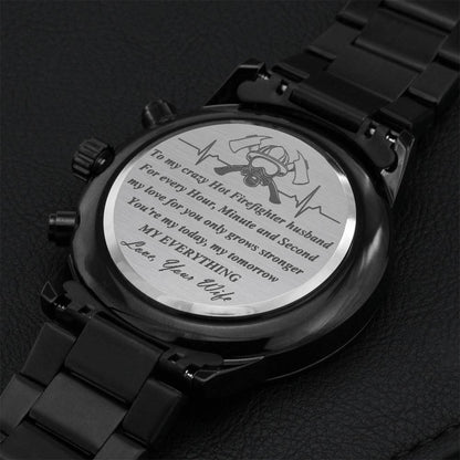 Firefighter Husband Stainless Steel Watch With Personal Engraving Love Message. Engraving Chronograph Watch