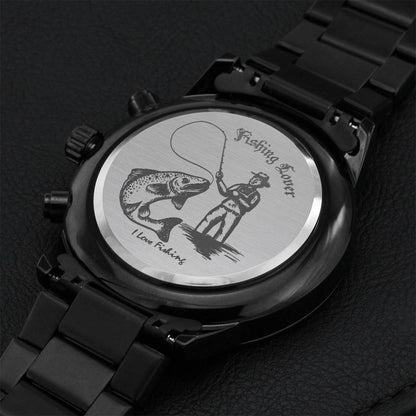 Fishing Lover Engraved Design Black Chronograph Watch Engraving Chronograph Watch