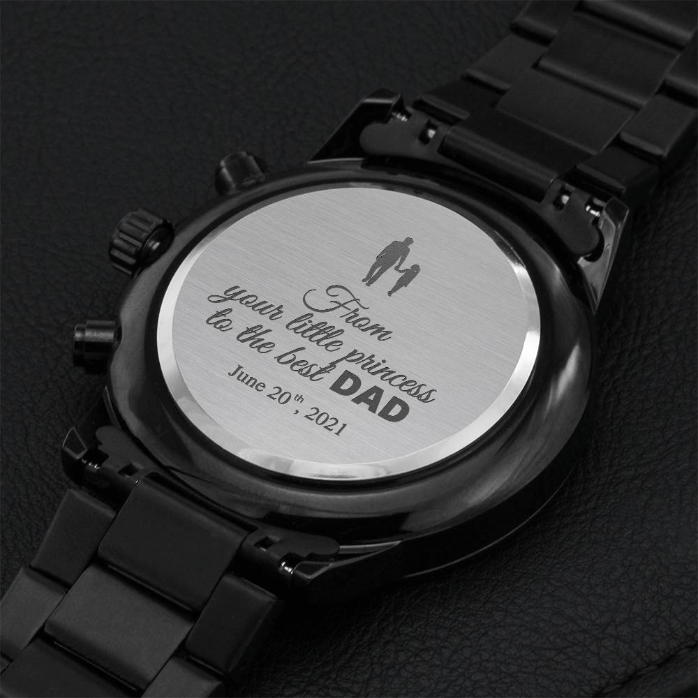 Father's Day Gift - Engraved Design Black Water Resistant Watch Engraving Chronograph Watch