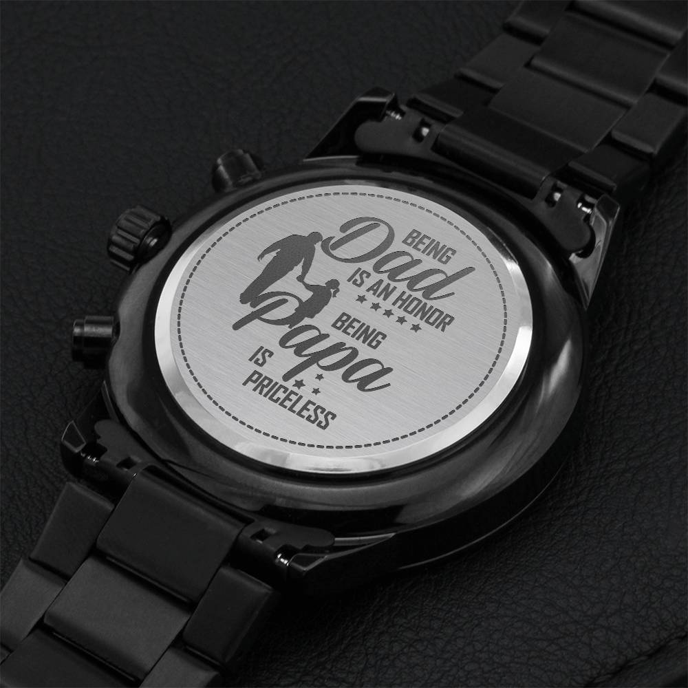 Being Papa Is Priceless - Engraved Design Black Chronograph Watch Engraving Chronograph Watch