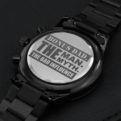 Bonus Dad The Man The Myth The Bad Influence Engraved Design Black Chronograph Watch Engraving Chronograph Watch