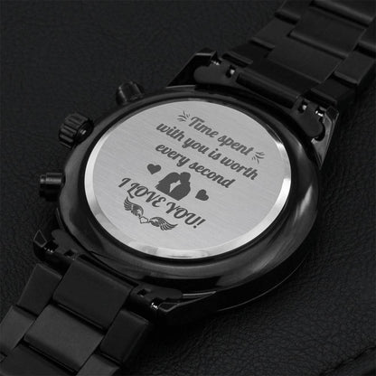 Engraved Design Black Chronograph Watch Time Spent With You Is Worth Every Second Engraving Chronograph Watch