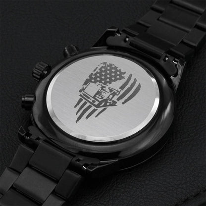 Engraved Trucker Flag Design Black Chronograph Watch Engraving Chronograph Watch