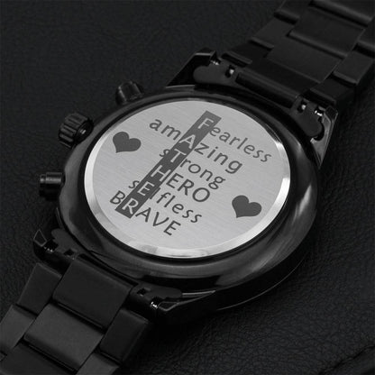 Gift For Dad Black Chronograph Watch Analog With Custom Graphic Engraving Chronograph Watch