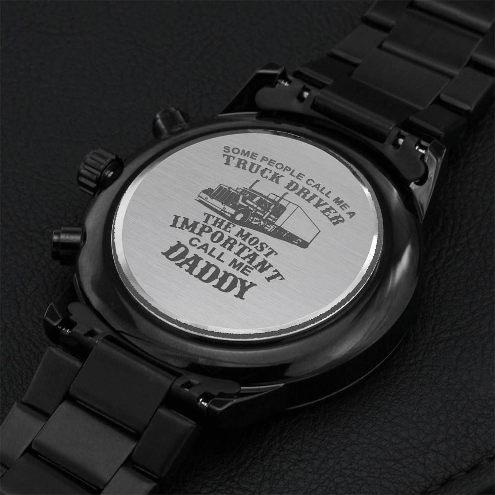 Truck Driver Engraved Design Black Chronograph Watch Gift For Dad Engraving Chronograph Watch