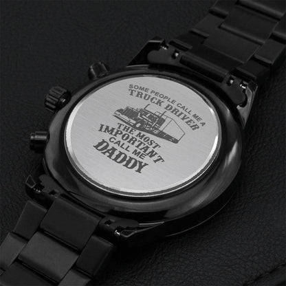Truck Driver Engraved Design Black Chronograph Watch Gift For Dad Engraving Chronograph Watch