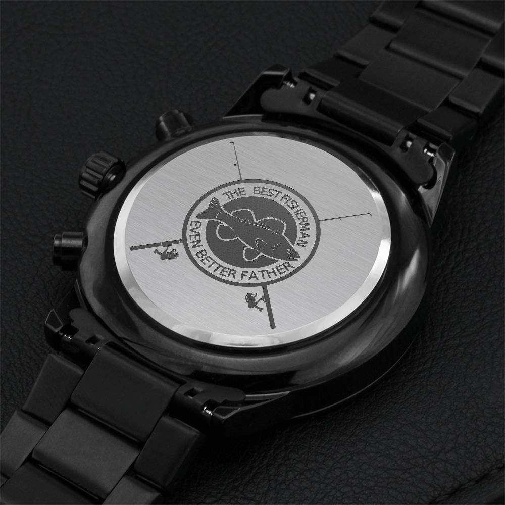 Engraved Design Black Chronograph Watch For Best Fisherman And Best Father Engraving Chronograph Watch