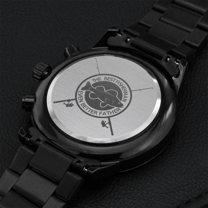 Engraved Design Black Chronograph Watch For Best Fisherman And Best Father Engraving Chronograph Watch