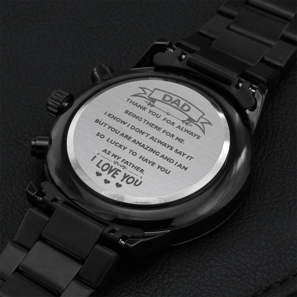 Black Chronograph Watch With Engrave Message For Your Dad... Engraving Chronograph Watch