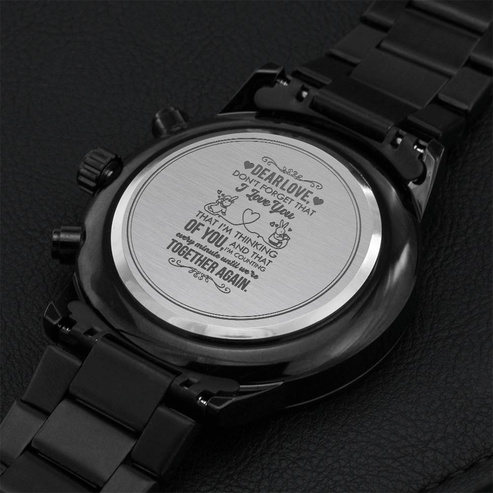 Engraved Design Black Chronograph Watch For Long Distance Love Engraving Chronograph Watch