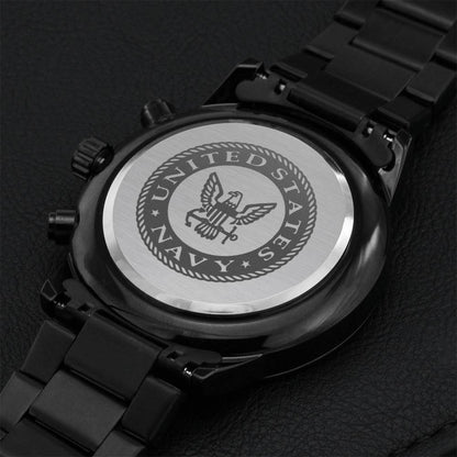 U.s. Navy Engraved Design Black Chronograph Watch Engraving Chronograph Watch
