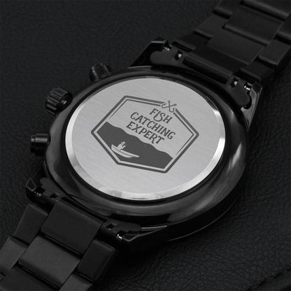 Engraved Design Black Chronograph Watch For Fish Catching Expert Engraving Chronograph Watch