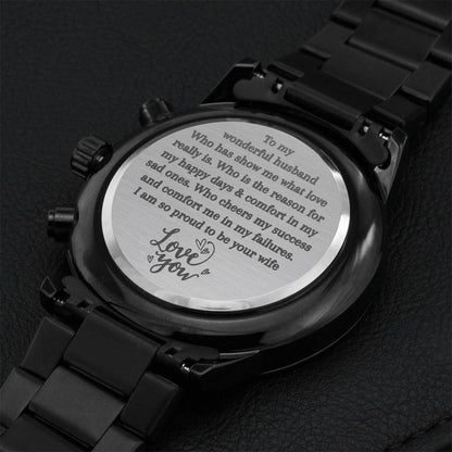 A Gift To Husband - Engraved Design Black Water Resistant Watch Engraving Chronograph Watch