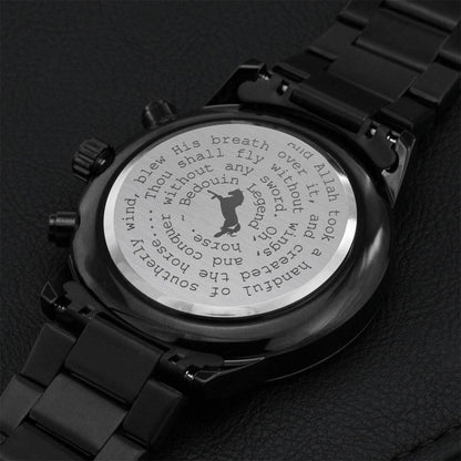 Arabian Horse Lovers Black Stallion Bedouin Legend Engraved Men's Chronograph Watch Ladies Love This Watch Also Engraving Chronograph Watch