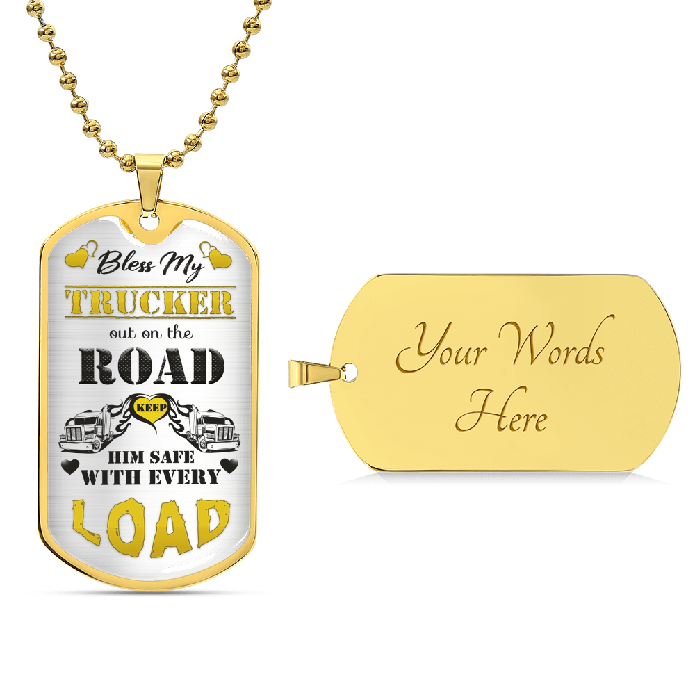 Bless My Trucker - Gift For Trucker - Truck Driver Gifts - Gift From Truckers Wife - Army Tag Necklace, Dog Tag Necklace