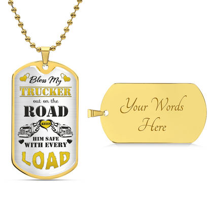 Bless My Trucker - Gift For Trucker - Truck Driver Gifts - Gift From Truckers Wife - Army Tag Necklace, Dog Tag Necklace