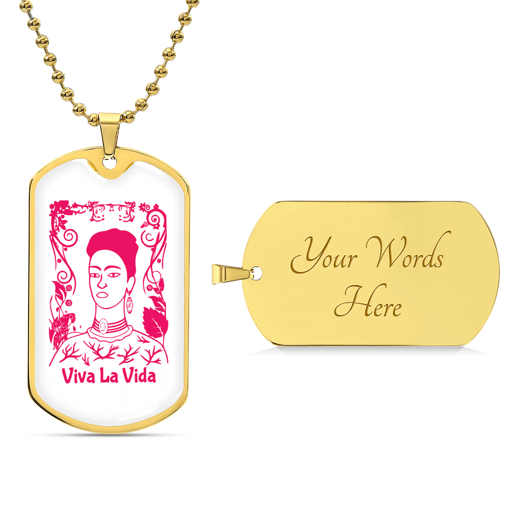 Frida Viva La Vida Pendant Necklace - Army Tag Necklace, Dog Tag Necklace