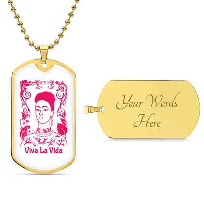 Frida Viva La Vida Pendant Necklace - Army Tag Necklace, Dog Tag Necklace