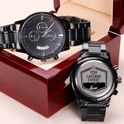Engraved Design Black Chronograph Watch For Fish Catching Expert Engraving Chronograph Watch