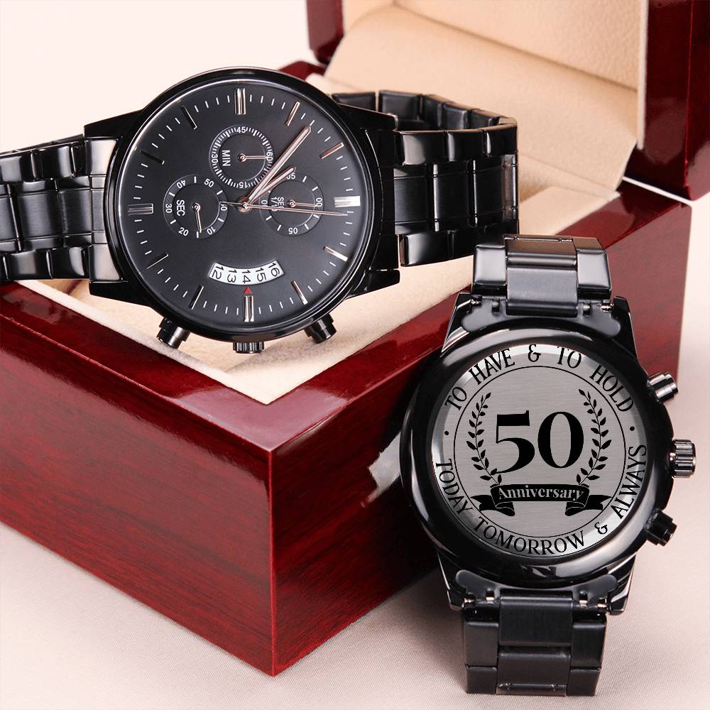 50th Anniversary Gift For Him 2021 Golden Anniversary Gifts Engraved Men's Black Chronograph Watch Engraving Chronograph Watch