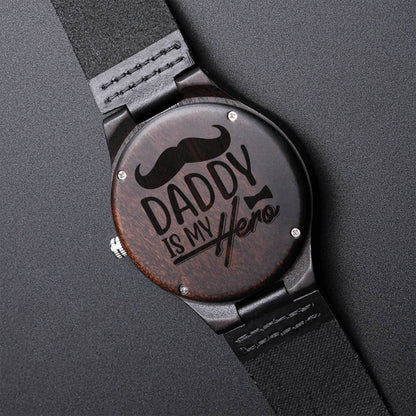 Daddy Is My Hero - Custom Gift For Dad Fathers Day Gifts Engraved Watch Men Personalized Watch For Men Metal Band Watc Engraved Wooden Watch