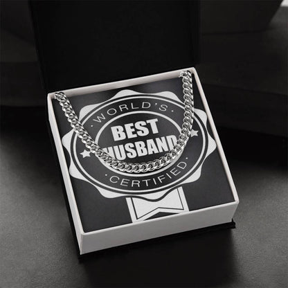 Worlds Best Husband Certified Beautiful Chain And Gift Box For Him Choose Silver Or Gold Cuban Link Chain