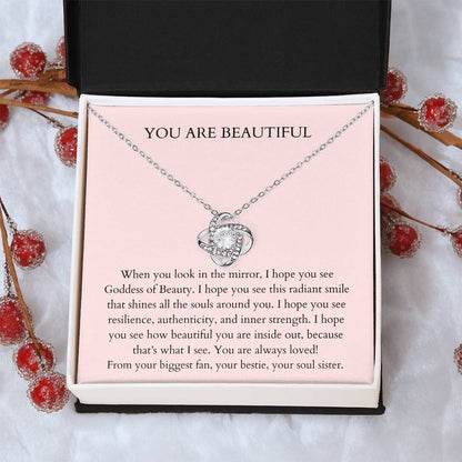 You Are Beautiful Necklace  Daily Affirmation Necklace  Encouragement Gift  Inspirationa Love Knot Necklace