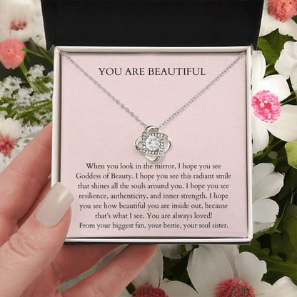 You Are Beautiful Necklace  Daily Affirmation Necklace  Encouragement Gift  Inspirationa Love Knot Necklace