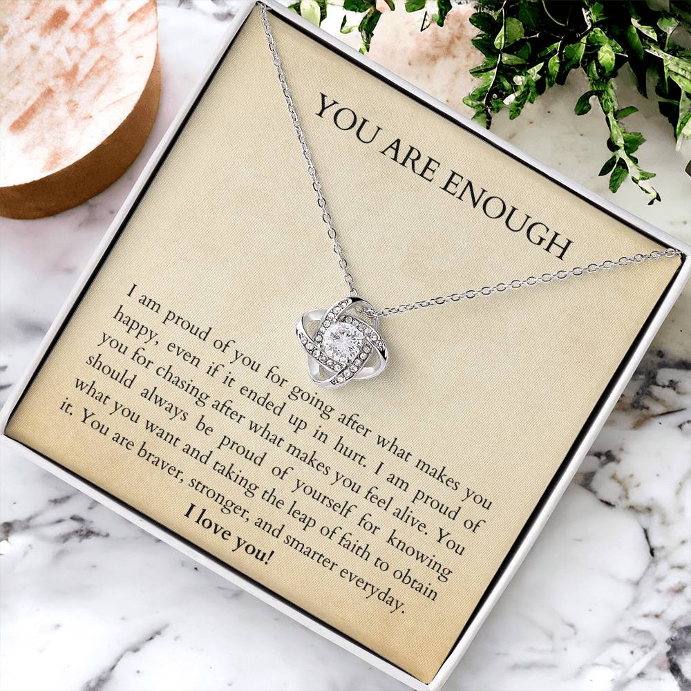 Affirm Gift For Bestie. You Are Enough. You Are Loved. Gift Idea For Bestie. Affirm Necklace. Words Of Wisdom Gift. Gift Of Encoura Love Knot Necklace