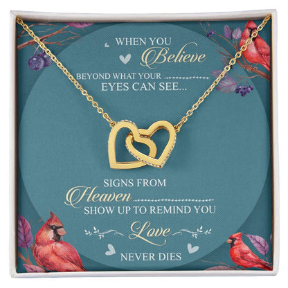 When You Believe Beyond What Your Eyes Interlocking Hearts Necklace Message Card